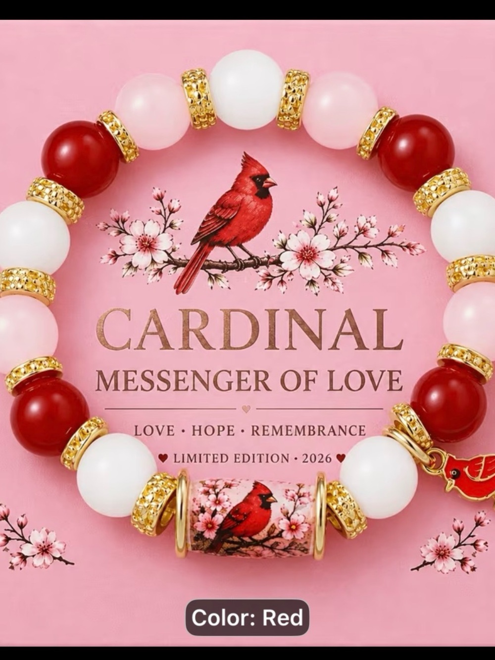 Red, Pink and White Beaded Cardinal Charm Bracelet - Women's Jewelry